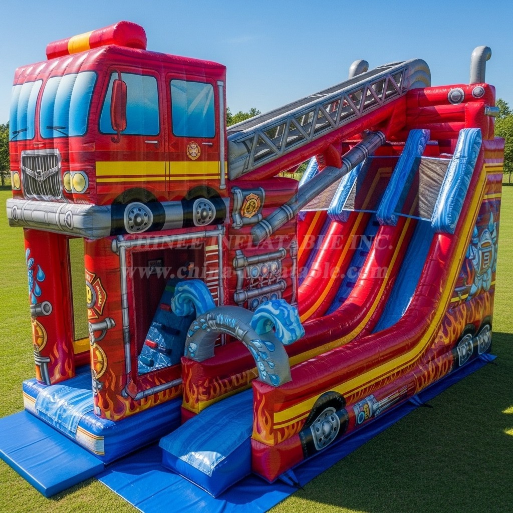T8-9397 Firetruck Theme Inflatable Dry Slide