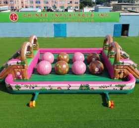 T11-4751K Masha And The Bear Theme Inflatable Dual Wipeout Big Balls Obstacle Course