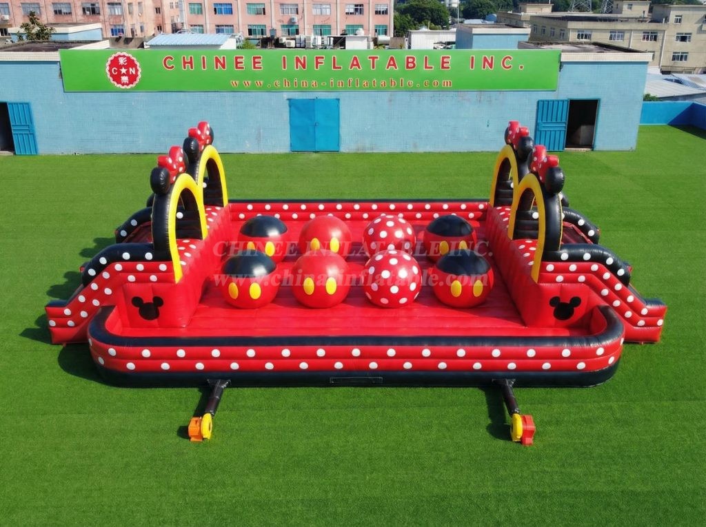 T11-4751L Mickey Minnie Theme Inflatable Dual Wipeout Big Balls Obstacle Course