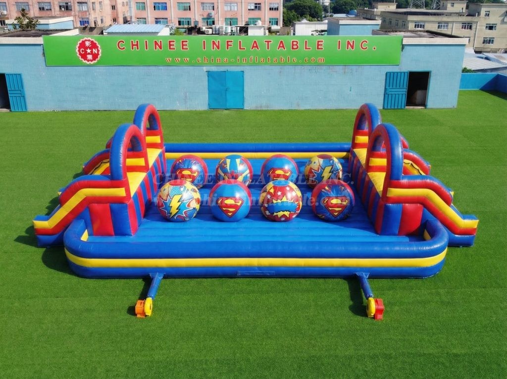 T11-4751V Superman Theme Inflatable Dual Wipeout Big Balls Obstacle Course